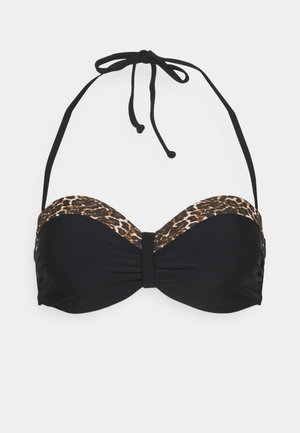 Black bikini top with a leopard print band, twisted front detail, and adjustable black ties at the neck. Smooth fabric texture.