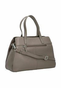 Borsa a tracolla in pelle grigia con manici doppi, una tracolla regolabile e una tasca con zip anteriore. Texture liscia con design minimalista.