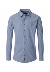 Langärmliges Hemd in blauen und weißen vertikalen Streifen, aus Baumwolle, mit Button-Down-Kragen und einer linken Brusttasche.