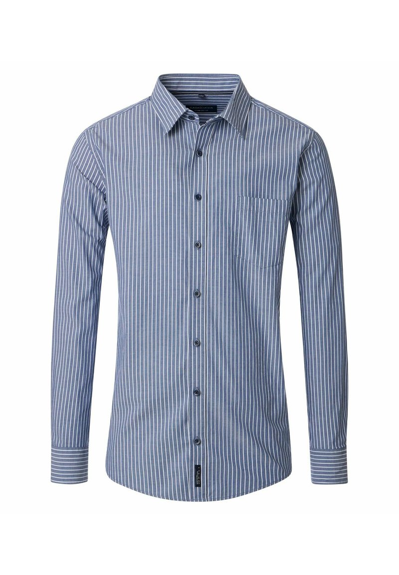 Langärmliges Hemd in blauen und weißen vertikalen Streifen, aus Baumwolle, mit Button-Down-Kragen und einer linken Brusttasche.