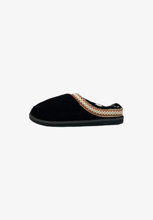 Pantofole nere con una parte superiore testurizzata, accentuate da un bordo a motivo arancione e crema. Forma arrotondata con una suola piatta per il comfort.