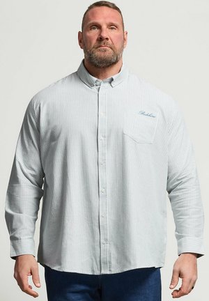 Muskulöser Mann mit Bart, der ein hellblaues, dünn gestreiftes Hemd und dunkelblaue Jeans trägt, steht vor einem schlichten Hintergrund.