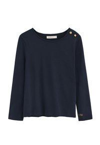 Mörkblå långärmad tröja i mjukt tyg, med rund halsringning och två guldfärgade knappar på vänster axel, samt guldfärgad textdetalj på ärmen.