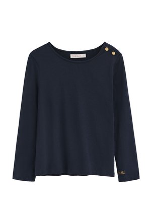 Marineblå langærmet skjorte lavet af glat stof, med rund halsudskæring og to guldknapper på venstre skulder samt en gulddetalje på ærmet.