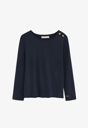 Marineblå langærmet skjorte lavet af glat stof, med rund halsudskæring og to guldknapper på venstre skulder samt en gulddetalje på ærmet.