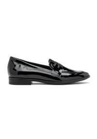 Zwarte gepatineerde leren loafers met een kleine blokhak, gestikte details en een gladde, glanzende afwerking. Strakke, afgeronde teenvorm.