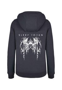 Black hooded sweatshirt featuring a large white graphic design on the back with the text "SLEEP TOKEN" above it. Cotton blend material.