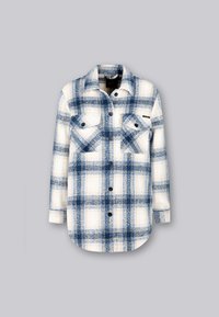 Geruit shirt in blauw en wit, met knoopsluiting aan de voorkant, twee borstzakken en een afgeronde onderzoom. Gemaakt van een gestructureerde stof.