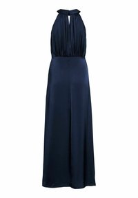 Granatowa sukienka na szyję z gładkiego satynowego materiału, z marszczonym biustem i długą, lejącą się spódnicą. Tył z wycięciem typu keyhole.