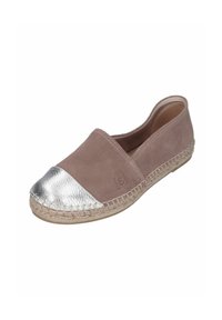 Pink suede slip-on shoe with a metallic silver toe cap, woven jute sole, and stitching details around the edge. Smooth texture throughout.