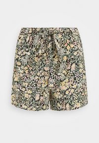 Pantalones cortos con estampado floral sobre un fondo negro, que presentan flores rosas y amarillas, una cintura elástica y un detalle de lazo en la parte delantera.