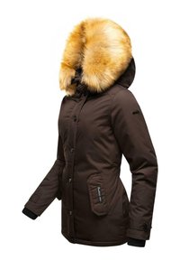 Brown parka jacket with a large golden fur hood. Features button closure, two front pockets, and ribbed cuffs. Smooth fabric texture.