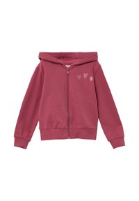 Fleece-Zip-Hoodie in tiefem Pink, mit einem Vorderreißverschluss, Kängurutaschen und drei glänzenden Herzakzenten auf der linken Brust.