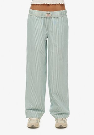 Løse lyseblå og hvide lodrette stripede bukser med elastisk taljebånd, båret med hvide sneakers og cropped top.