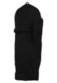 Schwarze gestrickte Fäustlinge mit einem gerippten Bündchen. Verfügt über eine abgerundete Spitze und eine kuschelige Textur, die für Wärme und Komfort bei kaltem Wetter sorgt.