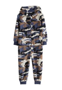 Grenouillère en polaire avec un motif camouflage en nuances de brun, bleu et crème. Comprend une capuche, une fermeture éclair à l'avant et deux poches avant.