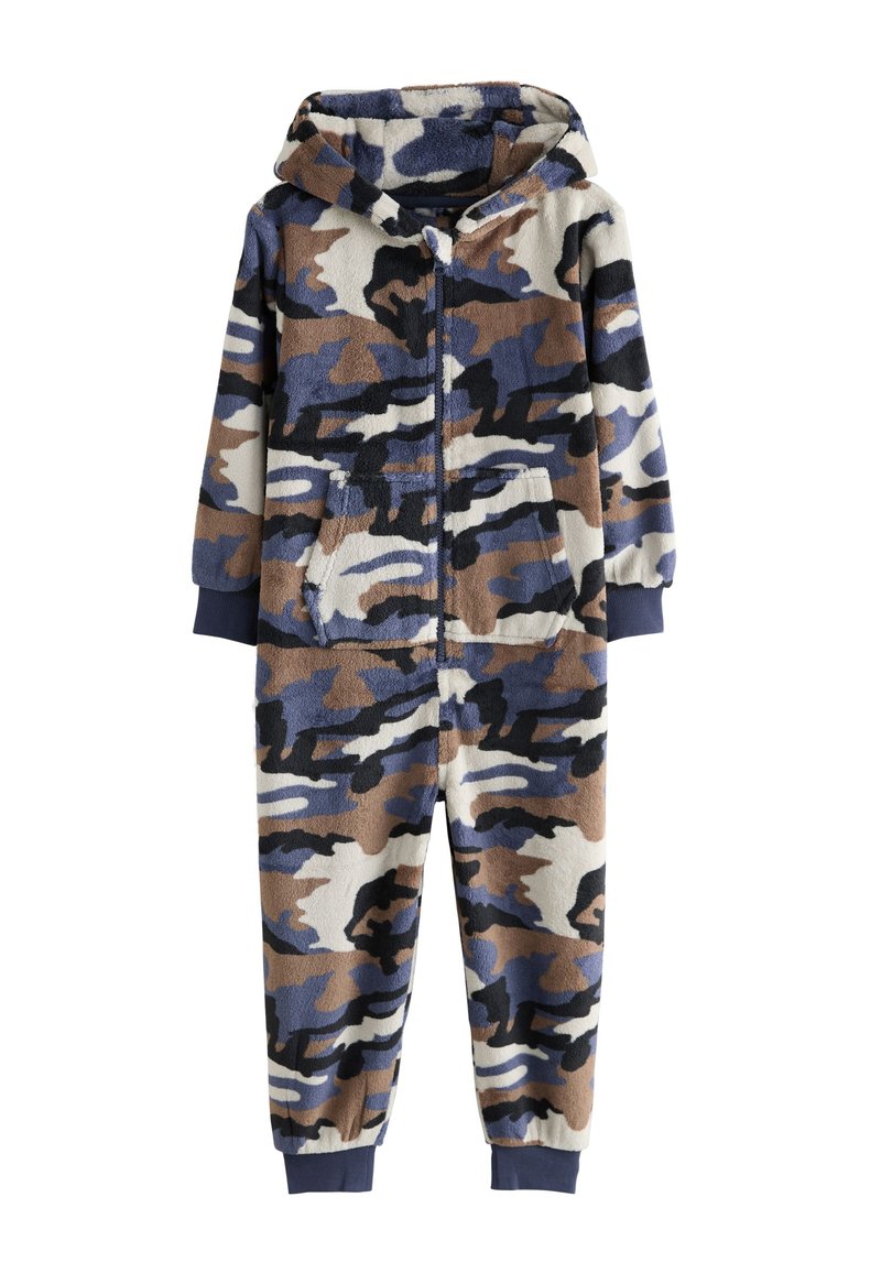 Grenouillère en polaire avec un motif camouflage en nuances de brun, bleu et crème. Comprend une capuche, une fermeture éclair à l'avant et deux poches avant.