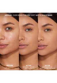 Drie close-upopnamen van een gezicht tonen verschillen in huidtextuur: voor, na het aanbrengen van een soft matte foundation, en na het toevoegen van een zachte blur.