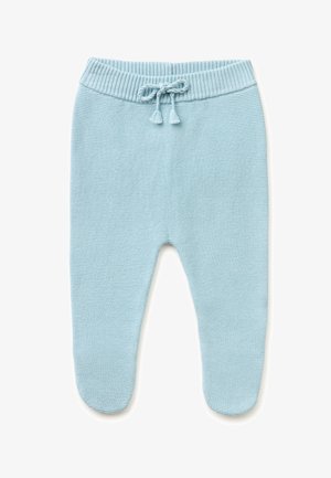 Pantaloni per bambini azzurri chiaro in maglia con piedini incorporati e coulisse regolabile in vita a coste, su sfondo bianco.