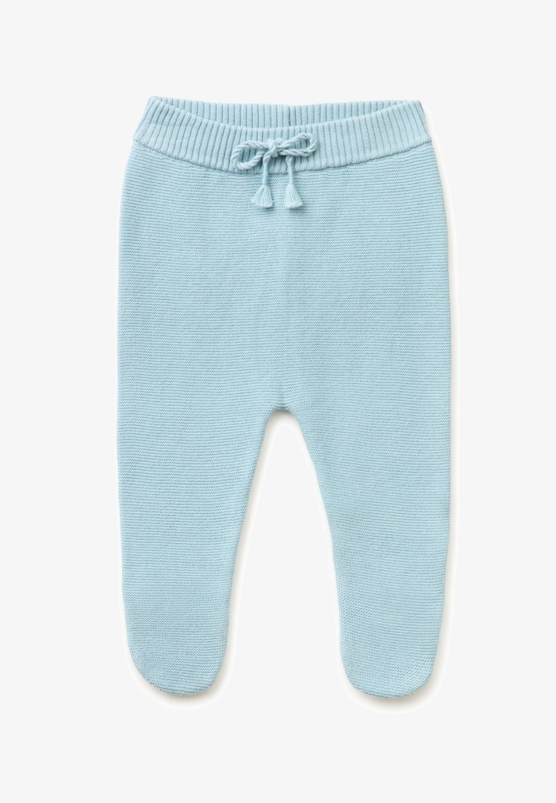Pantalon de bébé tricoté bleu clair avec pieds intégrés et cordon de serrage à la taille côtelée sur fond blanc.