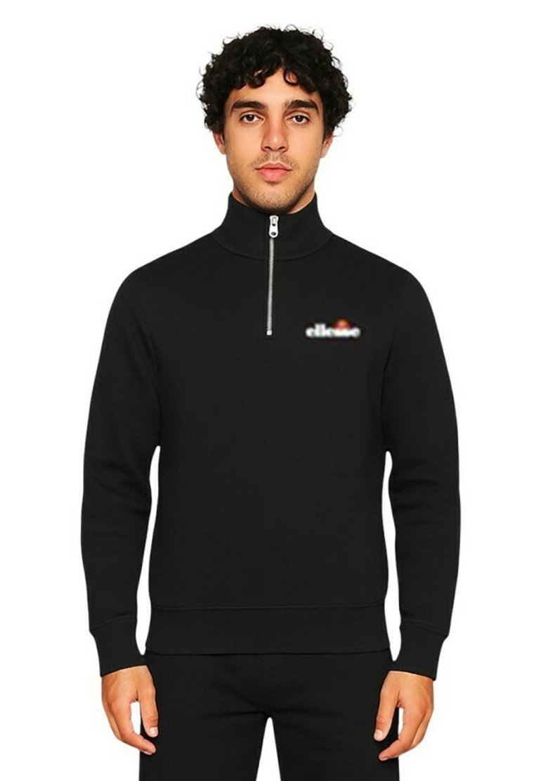 Sweatshirt noir zippé en mélange de coton, avec un col montant et un logo sur la poitrine. Texture lisse avec poignets et ourlet côtelés.