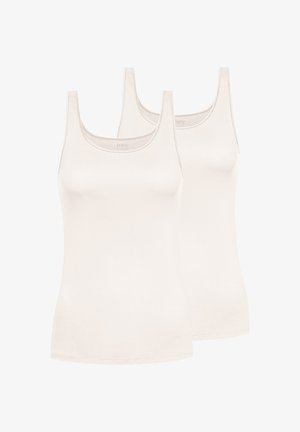 Deux débardeurs blancs unis empilés, montrés de face, au design sans couture avec décolletés arrondis.