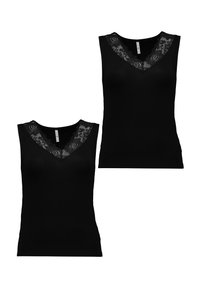 Black sleeveless tops featuring a V-neck design, embellished with a floral lace trim along the neckline, smooth fabric texture.