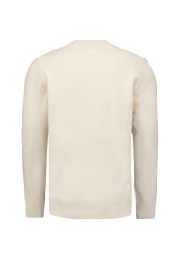 Beige geribbelde gebreide trui met lange mouwen en een ronde halslijn, met een gestructureerd oppervlak en elastische manchetten en onderzoom.