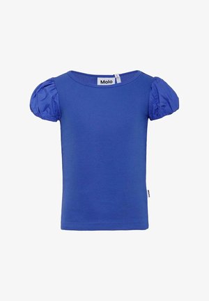 T-shirt azzurro a maniche corte con texture a coste e maniche gonfiate. Presenta un'etichetta con il marchio sul collo; scollatura rotonda semplice.