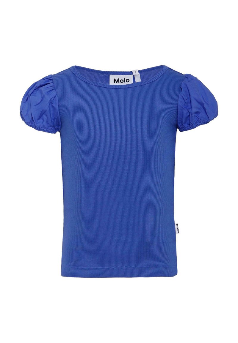 Niebieska koszulka z krótkim rękawem o prążkowanej teksturze i bufiastej formie rękawów. Posiada metkę z logo przy szyi oraz prosty okrągły dekolt.