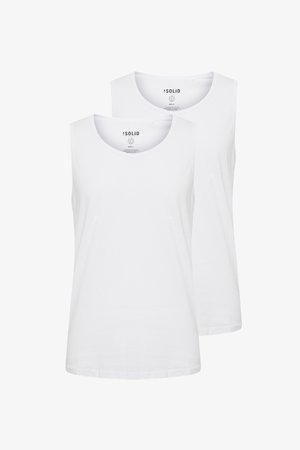 Białe bawełniane topy na ramiączkach w pakiecie dwóch sztuk, z okrągłymi dekoltami i bez rękawów. Gładka struktura z minimalnymi detalami szycia.