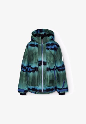 Jacke mit grün-blauem Batikmuster, Kapuze, durchgehendem Reißverschluss und zwei seitlichen Reißverschlusstaschen. Mit schwarzen Akzenten und strukturiertem Stoff.