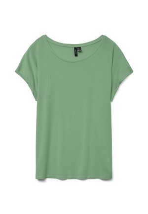 Tricou verde deschis cu mâneci scurte și decolteu larg rotund, așezat plat pe un fundal alb.