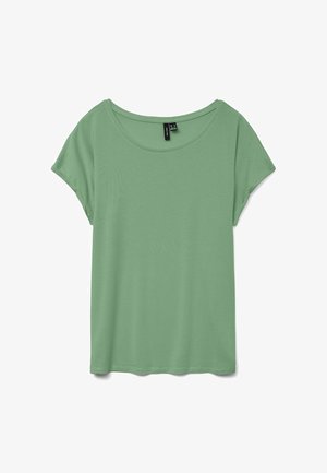 Tricou verde deschis cu mâneci scurte și decolteu larg rotund, așezat plat pe un fundal alb.