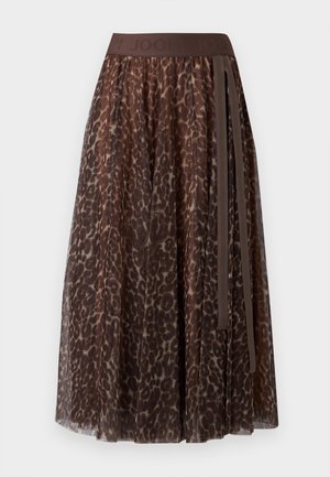 Καφέ midi φούστα με λεοπάρ σχέδιο, διαφανές επικάλυμμα, ελαστική μέση και λεπτομέρεια με κορδέλα στο πλάι.