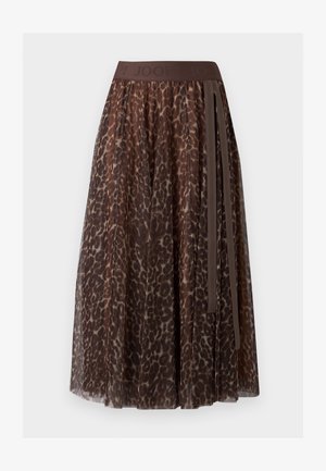 Καφέ midi φούστα με λεοπάρ σχέδιο, διαφανές επικάλυμμα, ελαστική μέση και λεπτομέρεια με κορδέλα στο πλάι.
