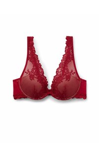 Czerwony stanik z koronką, z wyściełanymi miseczkami, kwiatowymi detalami z koronki oraz gładkim obwodem z teksturowanymi akcentami. Regulowane ramiączka w dekolcie w szpic.