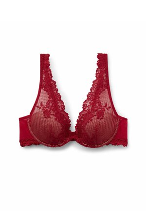 Czerwony stanik z koronką, z wyściełanymi miseczkami, kwiatowymi detalami z koronki oraz gładkim obwodem z teksturowanymi akcentami. Regulowane ramiączka w dekolcie w szpic.