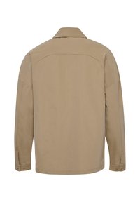 Khaki knopshirt met een platte kraag, lange mouwen en een recht vallende snit. Gladde stof met minimale stiksels en geen opvallende patronen.