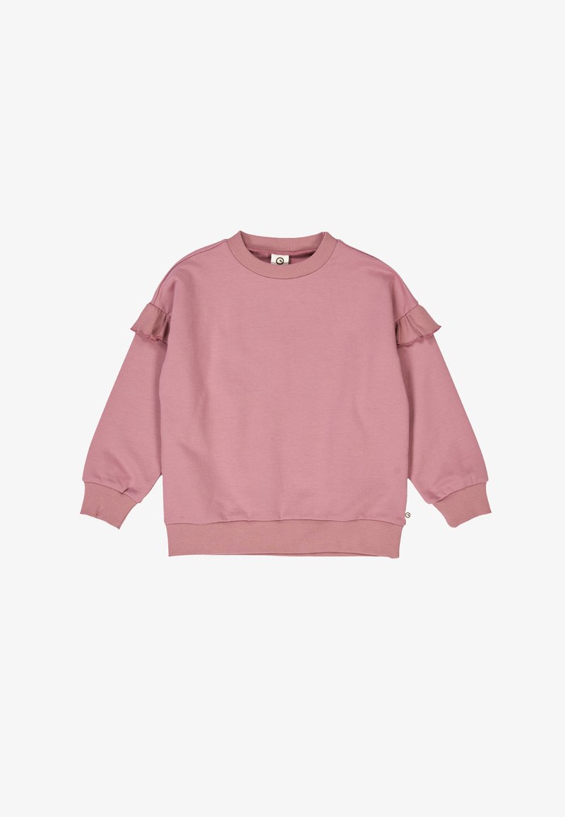 Sweatshirt rose poudré à manches longues avec encolure ronde et volants sur le haut des manches, poignets et ourlet côtelés.