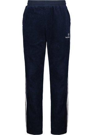 Navyfarbene Corduroy-Sweatpants mit geripptem Design, elastischem Bund und weißen Seitenstreifen; versehen mit einem kleinen gestickten Logo auf der Vorderseite.