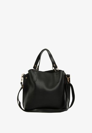 Borsa a mano in pelle nera con doppi manici e tracolla removibile. Presenta accessori in tonalità oro e una texture liscia e opaca.