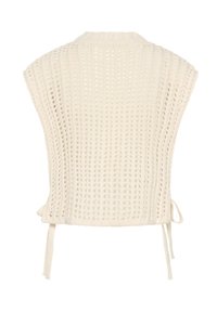 Sweater de color crema de punto con una trama suelta y abierta, mangas cortas y lazos ajustables en los lados para un ajuste personalizable.