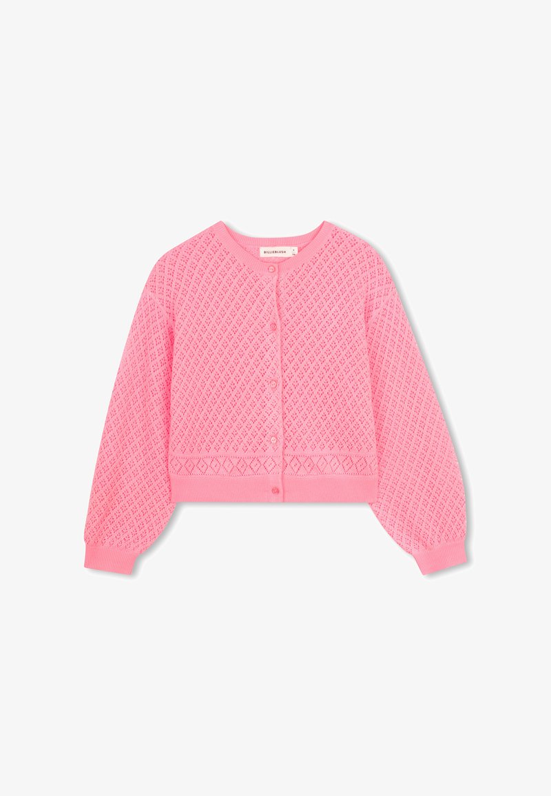 Cardigan rosa lavorato a maglia con motivo a diamante strutturato, scollatura arrotondata e davanti con bottoni. Caratterizzato da maniche lunghe a sbuffo e polsini a costine.