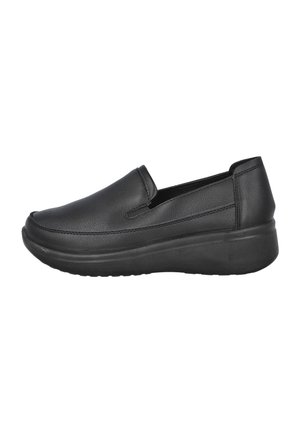 Zapato cómodo negro tipo mocasín con puntera redondeada, paneles laterales elásticos y suela gruesa acolchada, diseñado para uso diario.