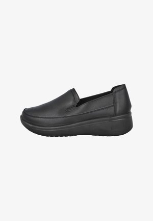 Zapato cómodo negro tipo mocasín con puntera redondeada, paneles laterales elásticos y suela gruesa acolchada, diseñado para uso diario.