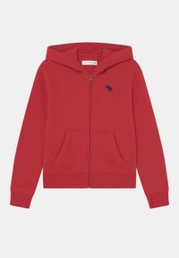 Sweat à zip rouge en mélange de coton, doté d'une poche kangourou, d'une capuche et d'un logo noir sur la poitrine gauche. Texture lisse.