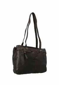 Sac fourre-tout en cuir marron foncé avec une surface texturée, deux poignées pour épaule et un haut zippé. Présente des coutures visibles et une étiquette de logo.