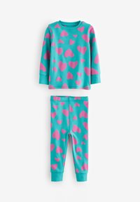 Turkos pyjamasset som innehåller en långärmad tröja och leggings, båda prydda med ett rosa hjärtmotiv. Mjuk, stretchy tyg.