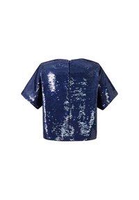 Korte mouwen top in marineblauw met een paillettenstructuur, vierkante vorm en een rits aan de achterkant.